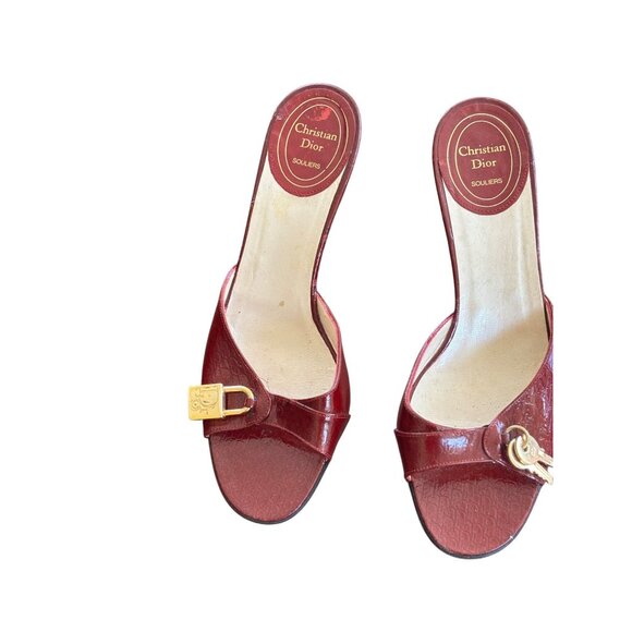 Christian Dior Souliers Burgundy Heeled Sandals With Lock & Key Accent Size 7 - Picture 3 of 10